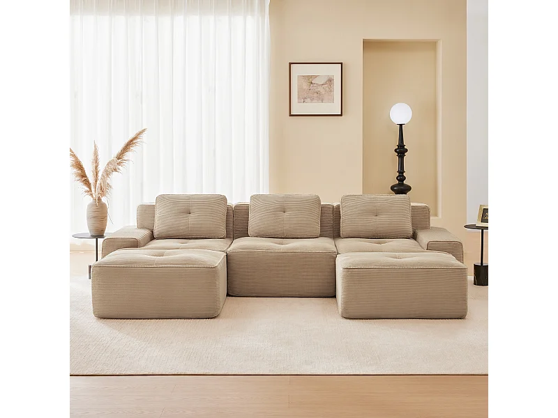 Modulaire U-vormige Hoekbank in Ribfluweel, met 2 poefs en 3 kussens, 293x177x69cm, Beige