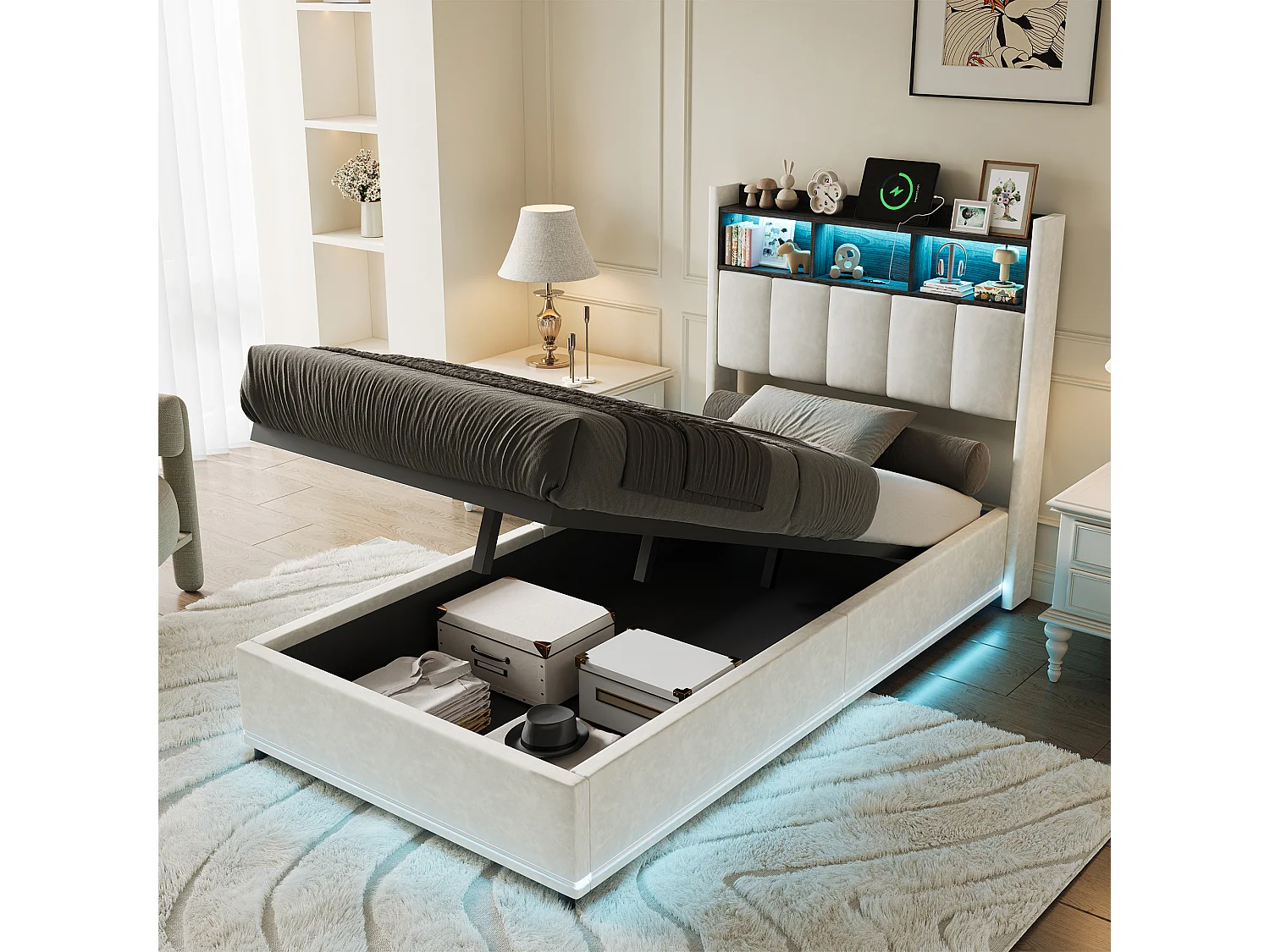 Lit 90x200 cm en Velours Blanc avec Rangement à Gaz, Tête de Lit LED, USB/Type-C et Éclairage LED sur les Côtés