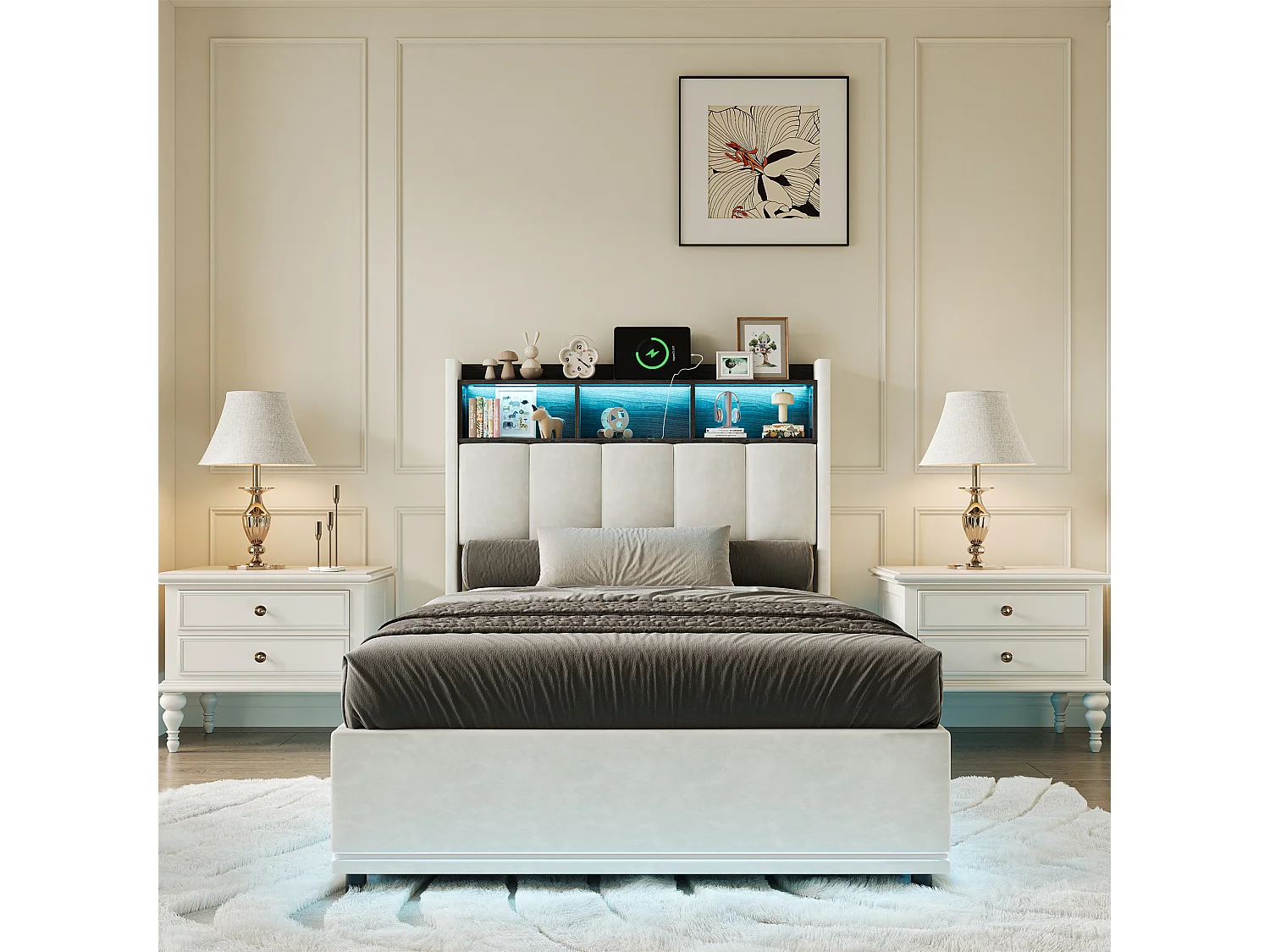 Lit 90x200 cm en Velours Blanc avec Rangement à Gaz, Tête de Lit LED, USB/Type-C et Éclairage LED sur les Côtés