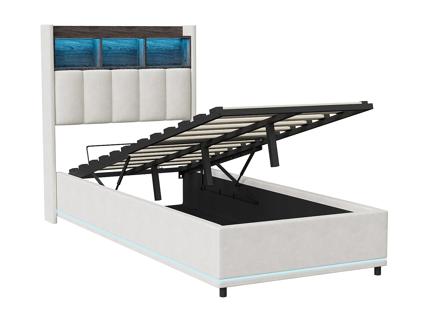 Lit 90x200 cm en Velours Blanc avec Rangement à Gaz, Tête de Lit LED, USB/Type-C et Éclairage LED sur les Côtés