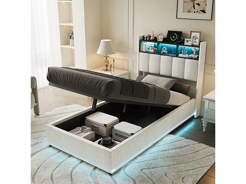 Lit 90x200 cm en Velours Blanc avec Rangement à Gaz, Tête de Lit LED, USB/Type-C et Éclairage LED sur les Côtés