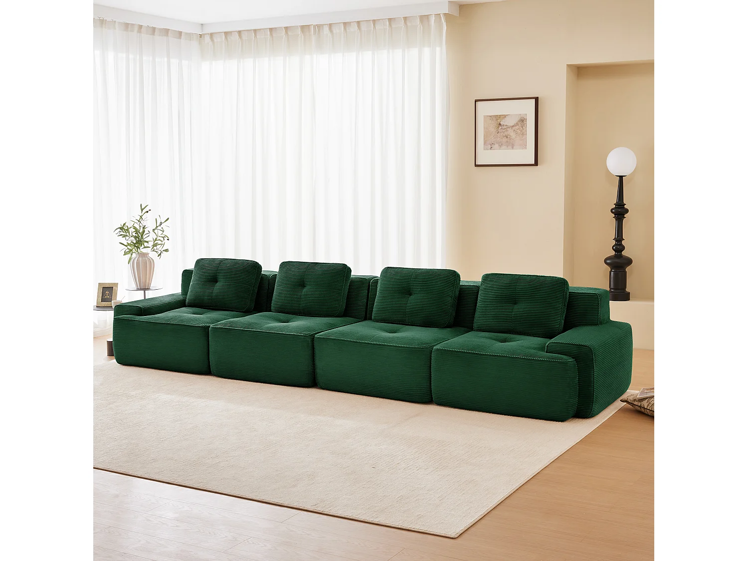 Modulaire Bank 4-zits in Ribfluweel, met 4 kussens, 382x104x69cm, Groen