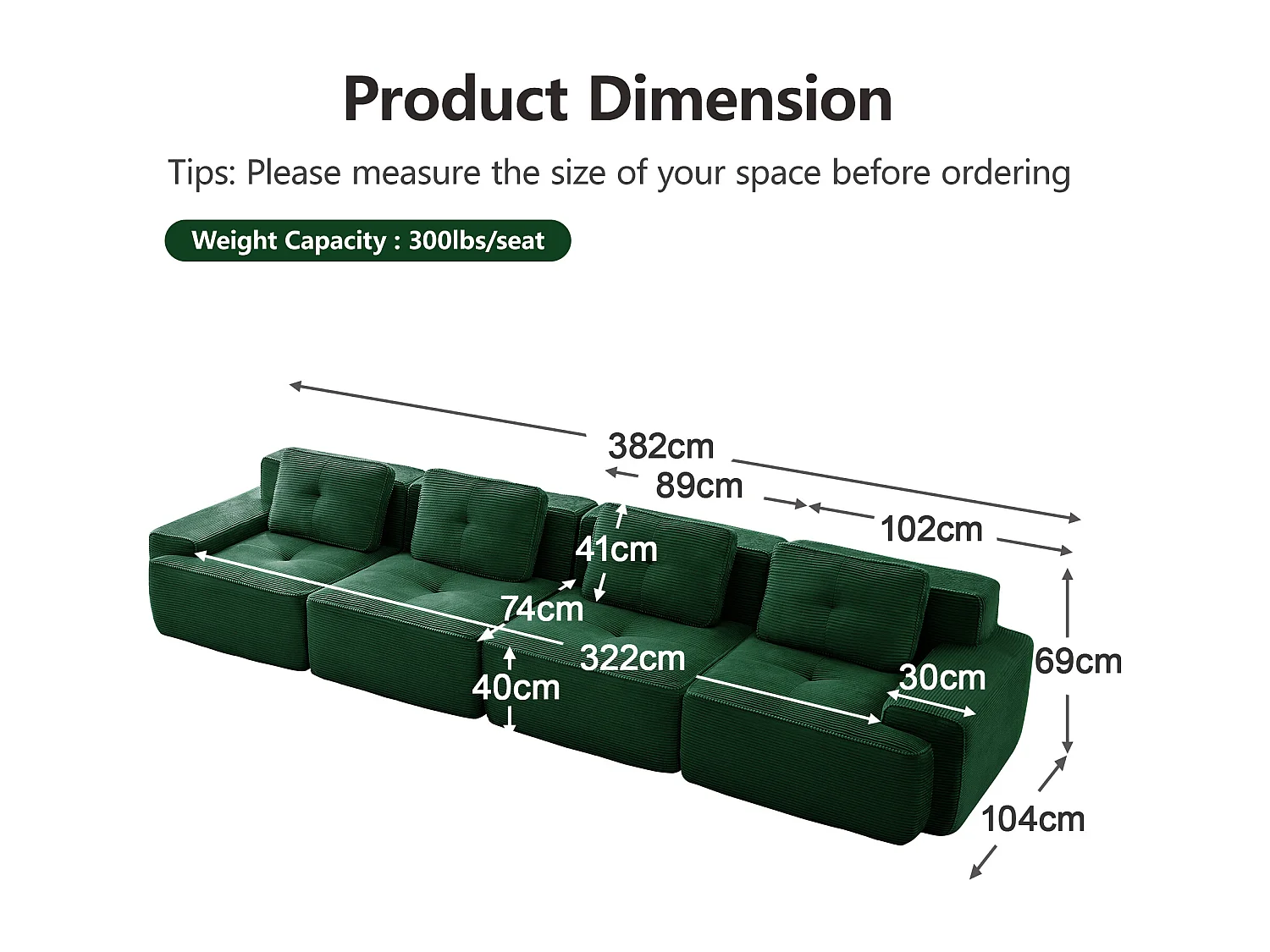 Modulaire Bank 4-zits in Ribfluweel, met 4 kussens, 382x104x69cm, Groen