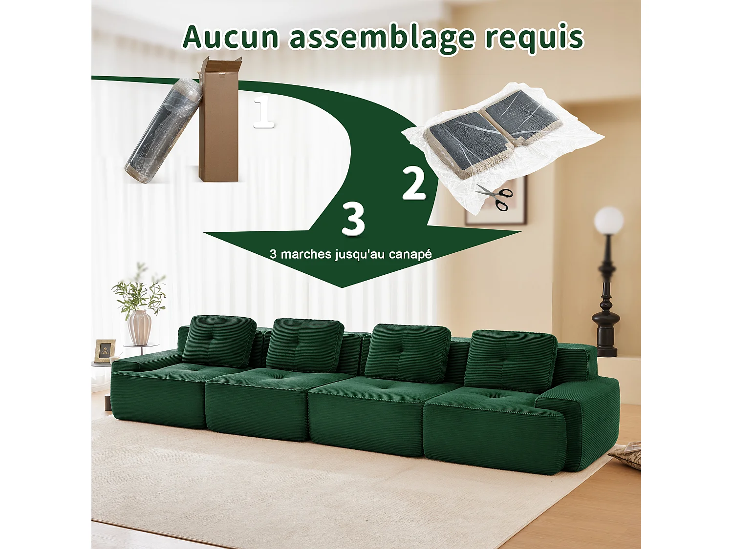 Modulaire Bank 4-zits in Ribfluweel, met 4 kussens, 382x104x69cm, Groen