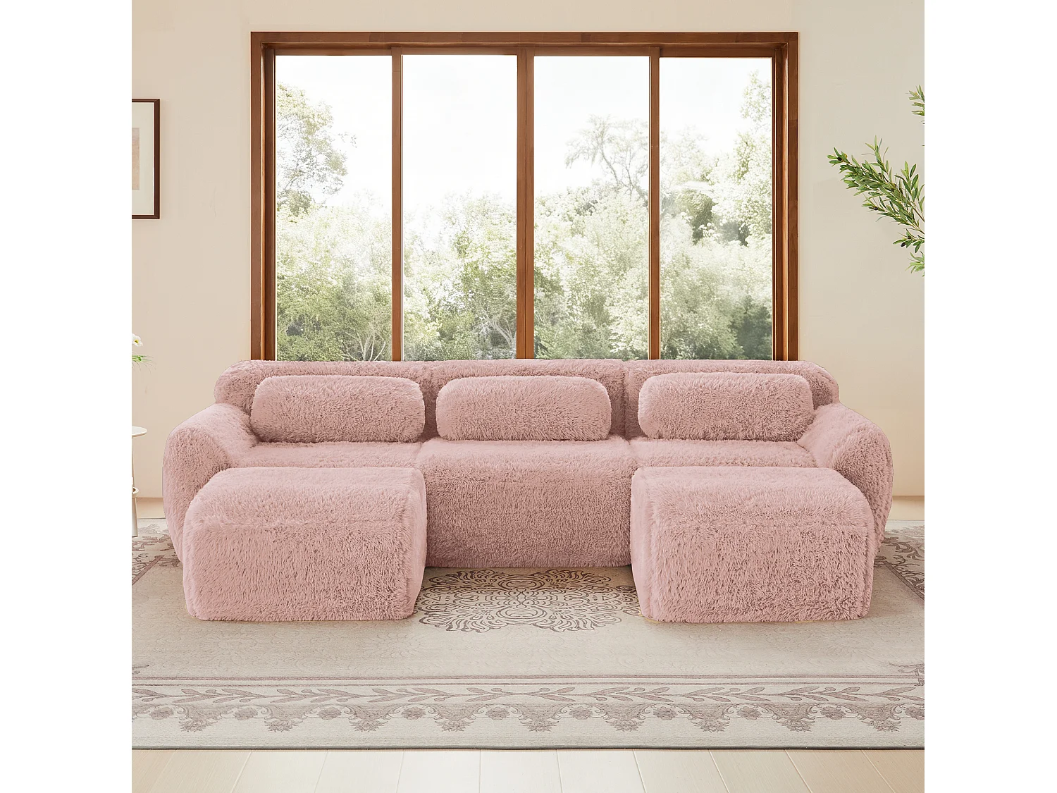 Modulaire Hoekbank in pluche stof, met 2 poefs en 3 kussens, 291x179x73cm, Roze