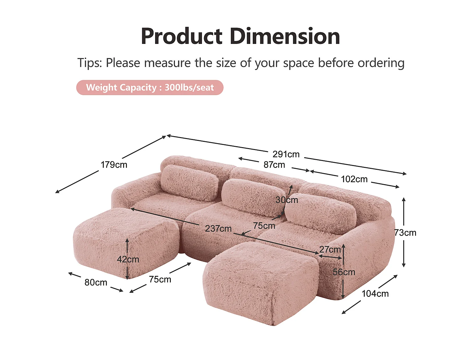 Modulaire Hoekbank in pluche stof, met 2 poefs en 3 kussens, 291x179x73cm, Roze