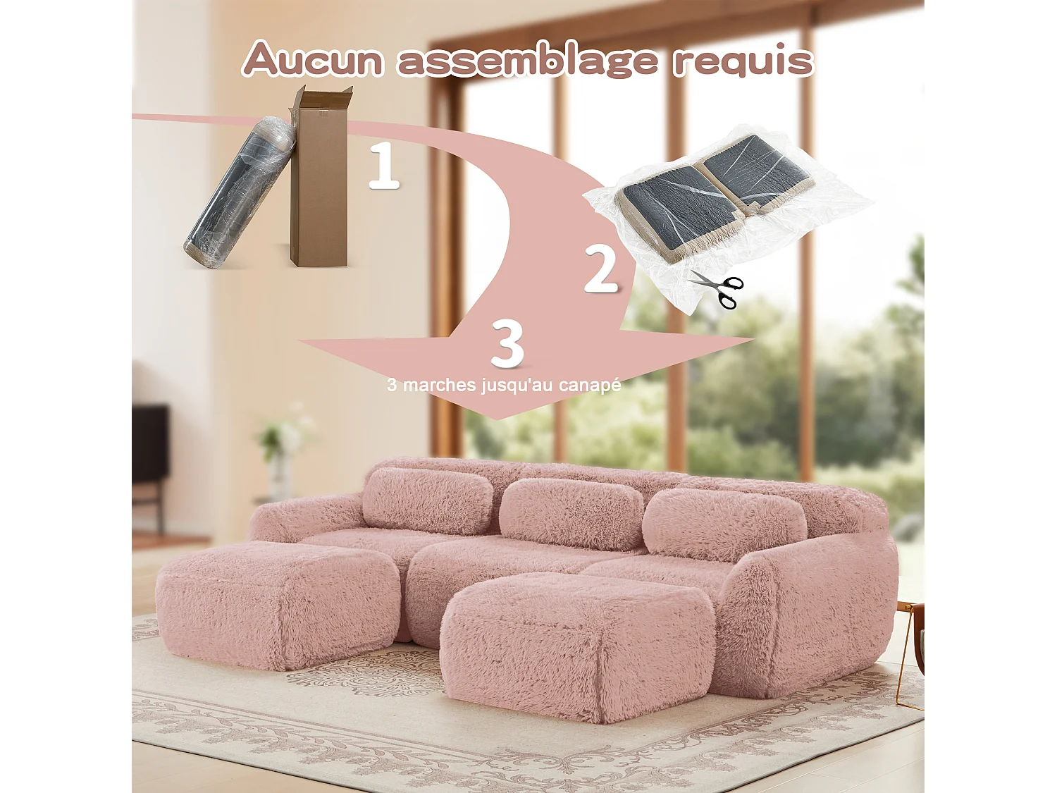 Modulaire Hoekbank in pluche stof, met 2 poefs en 3 kussens, 291x179x73cm, Roze