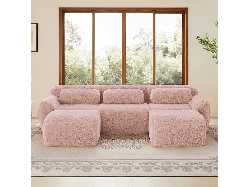 Modulaire Hoekbank in pluche stof, met 2 poefs en 3 kussens, 291x179x73cm, Roze