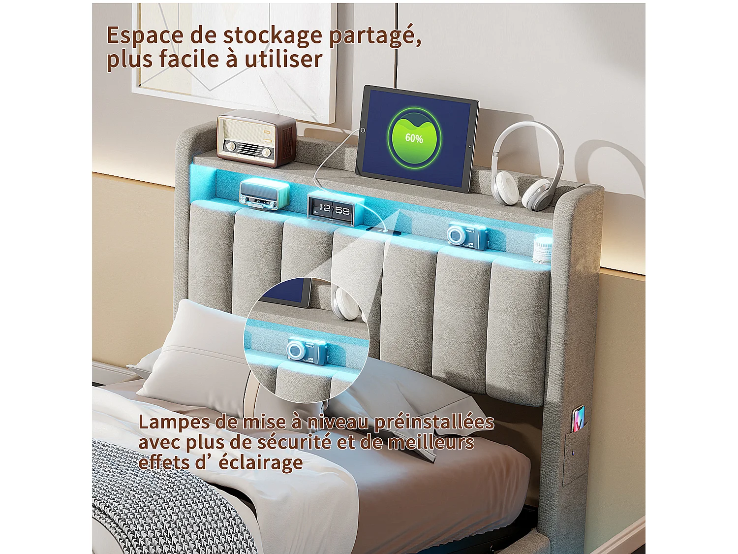 Lit LED RGB 90x200 cm avec Tête de Lit Multifonctionnelle, Rangement, Chargeur USB & USB-C – Velours Gris ou Beige