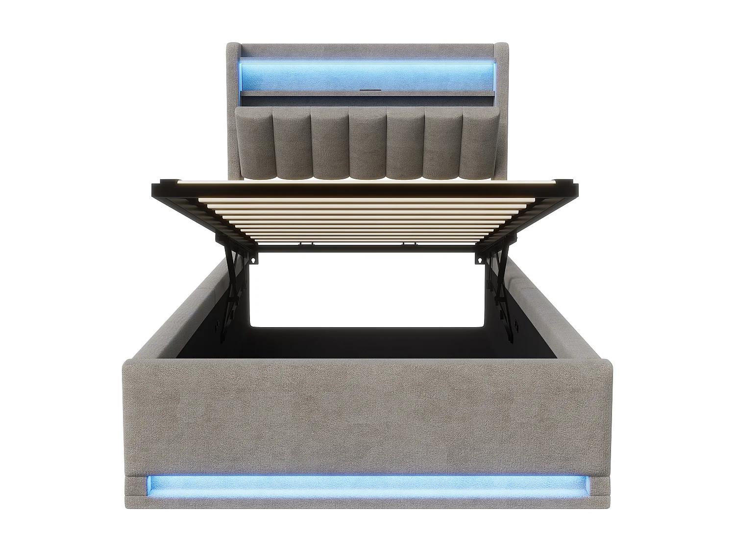 Lit LED RGB 90x200 cm avec Tête de Lit Multifonctionnelle, Rangement, Chargeur USB & USB-C – Velours Gris ou Beige