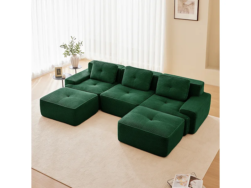 Divano Angolare Modulare a Forma di U in Velluto costola, con 2 pouf e 3 cuscini, 293x177x69cm, Verde