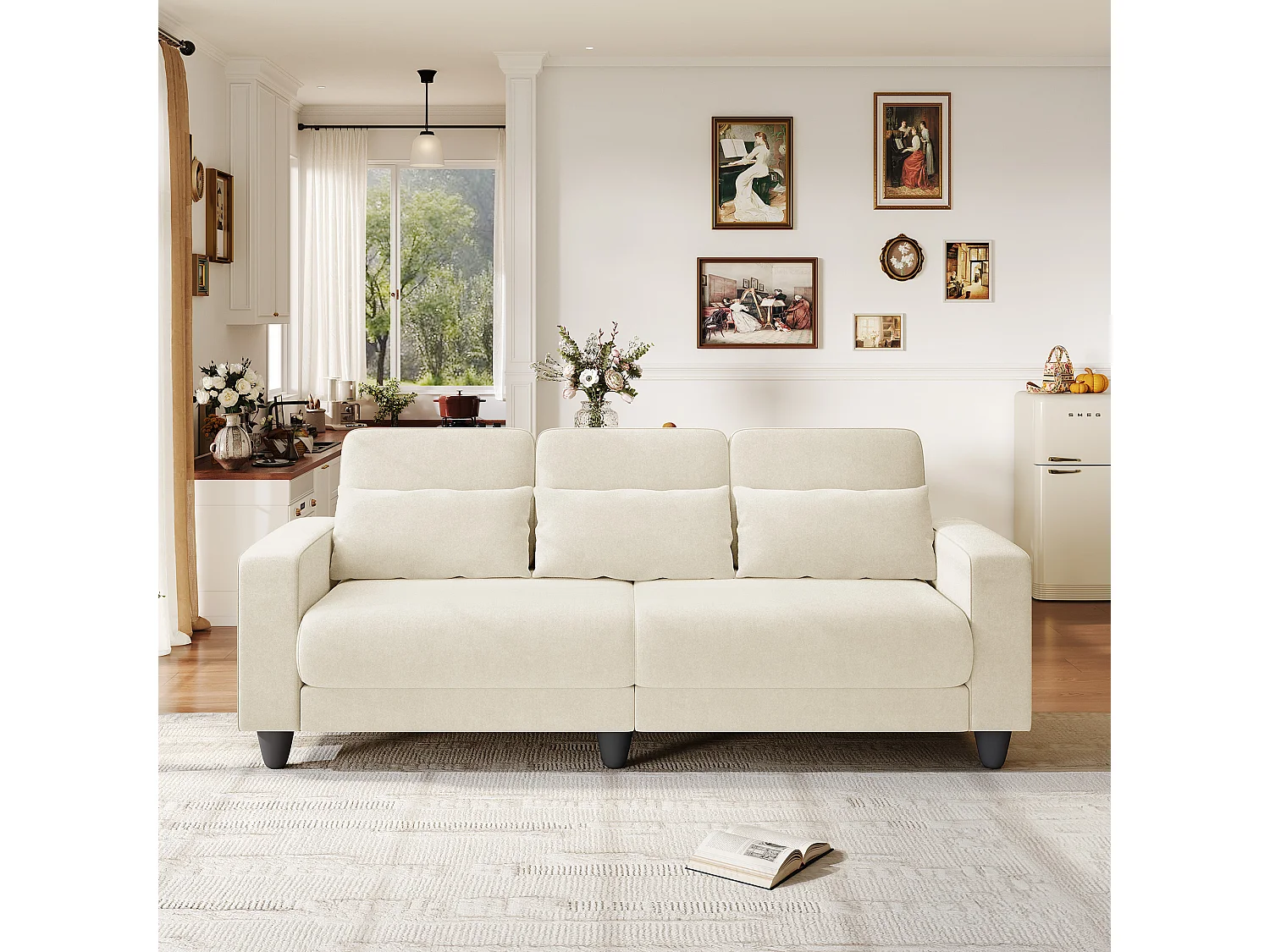 Canapé 3 places en tissu chenille beige - avec 3 oreillers - housse de coussin amovible lavable - 220x81x88cm