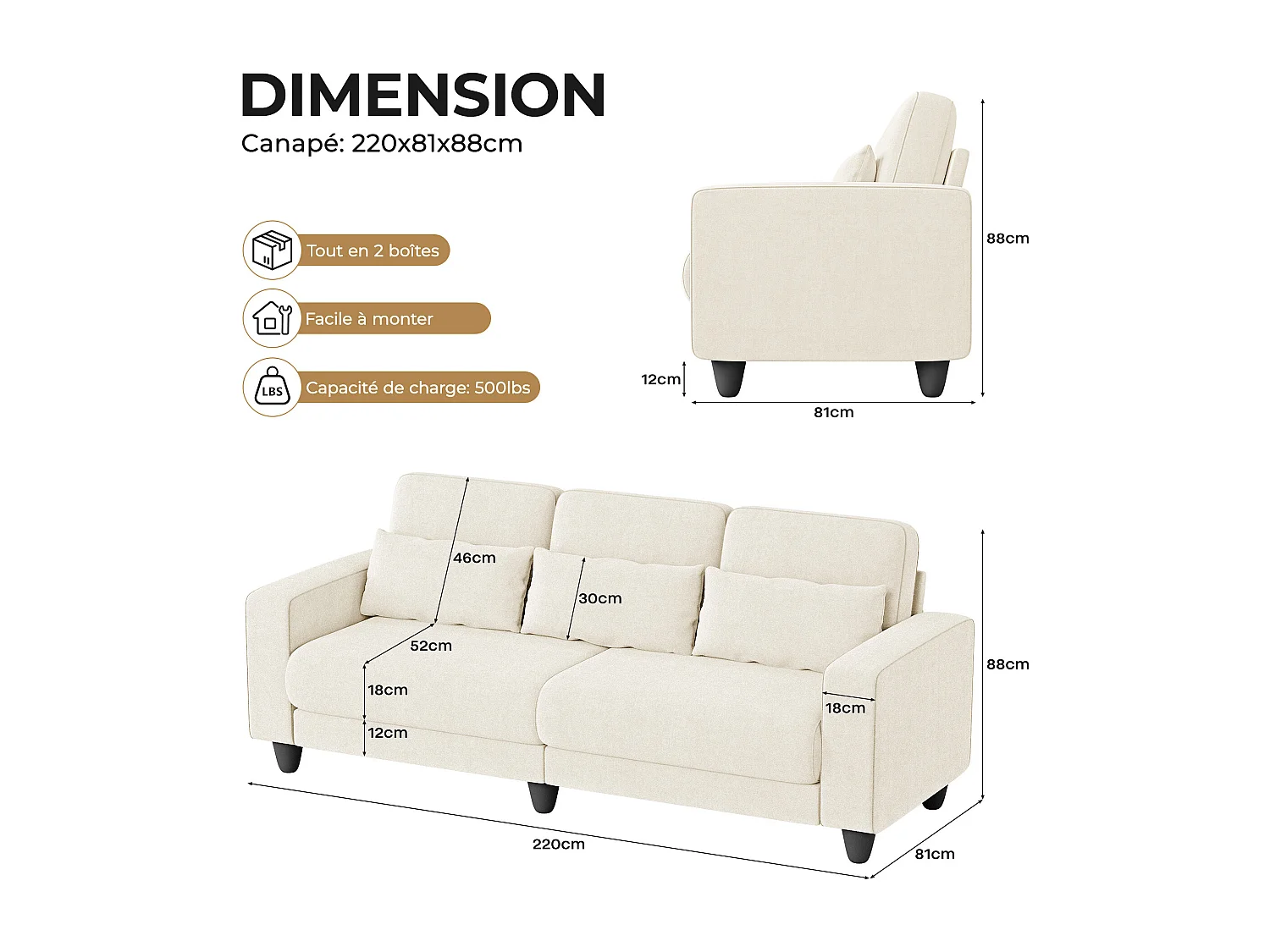 Canapé 3 places en tissu chenille beige - avec 3 oreillers - housse de coussin amovible lavable - 220x81x88cm