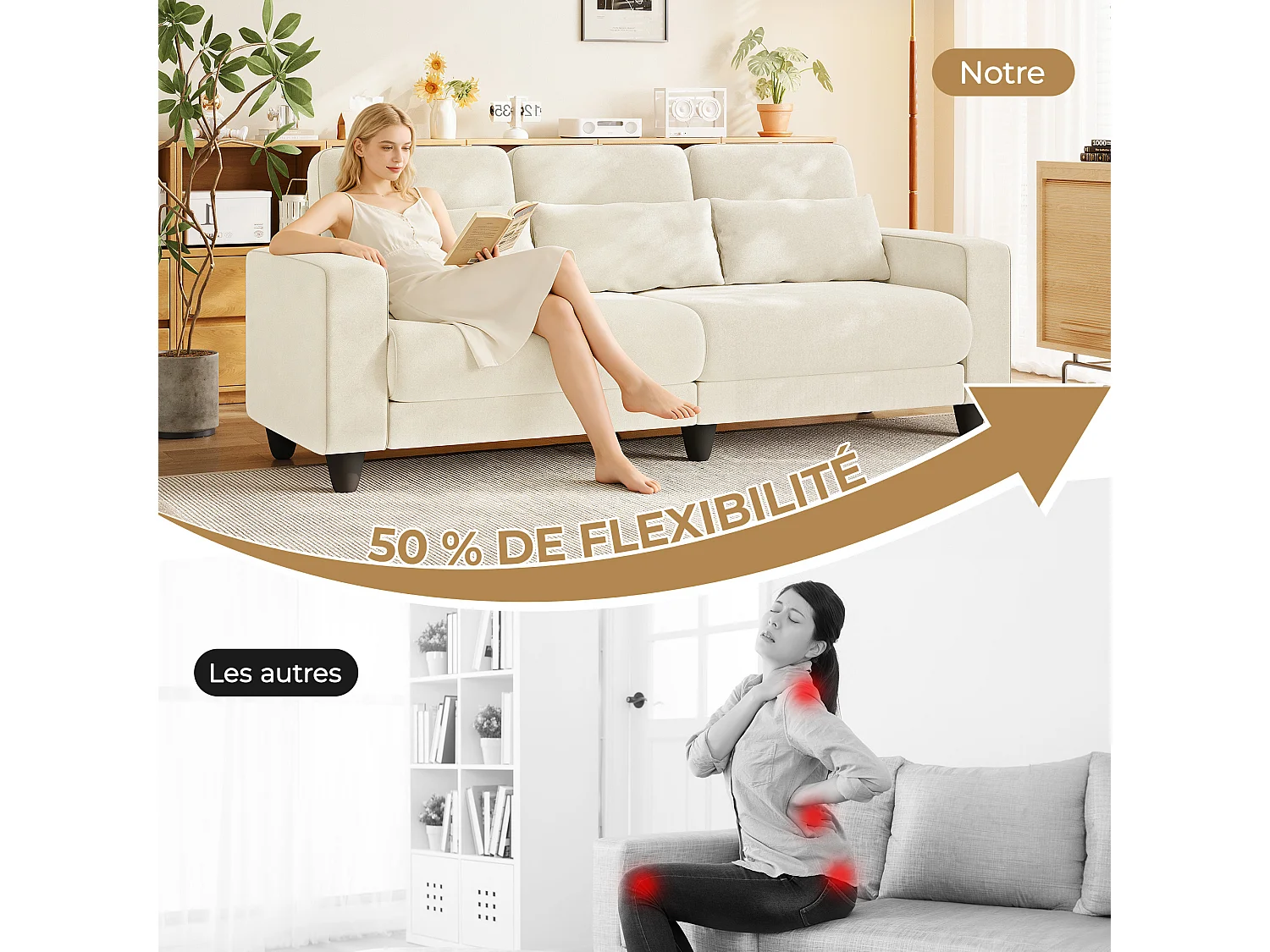 Canapé 3 places en tissu chenille beige - avec 3 oreillers - housse de coussin amovible lavable - 220x81x88cm