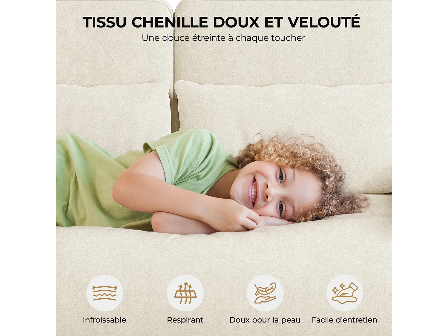 Canapé 3 places en tissu chenille beige - avec 3 oreillers - housse de coussin amovible lavable - 220x81x88cm