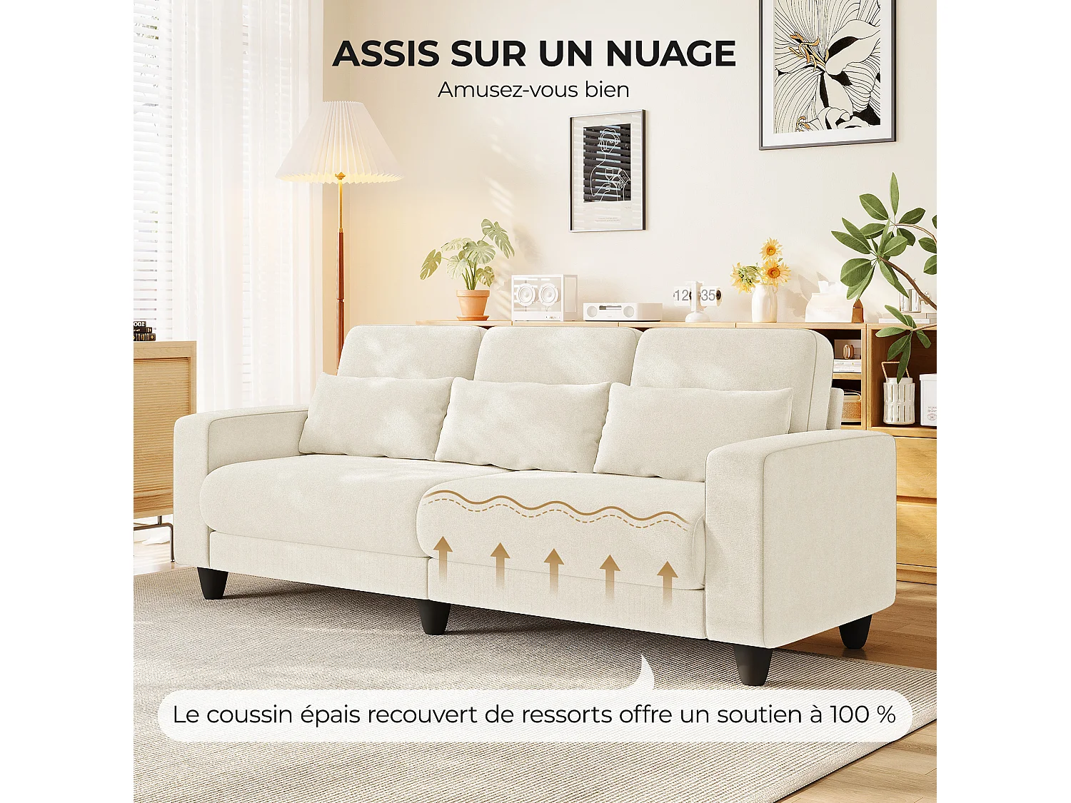 Canapé 3 places en tissu chenille beige - avec 3 oreillers - housse de coussin amovible lavable - 220x81x88cm