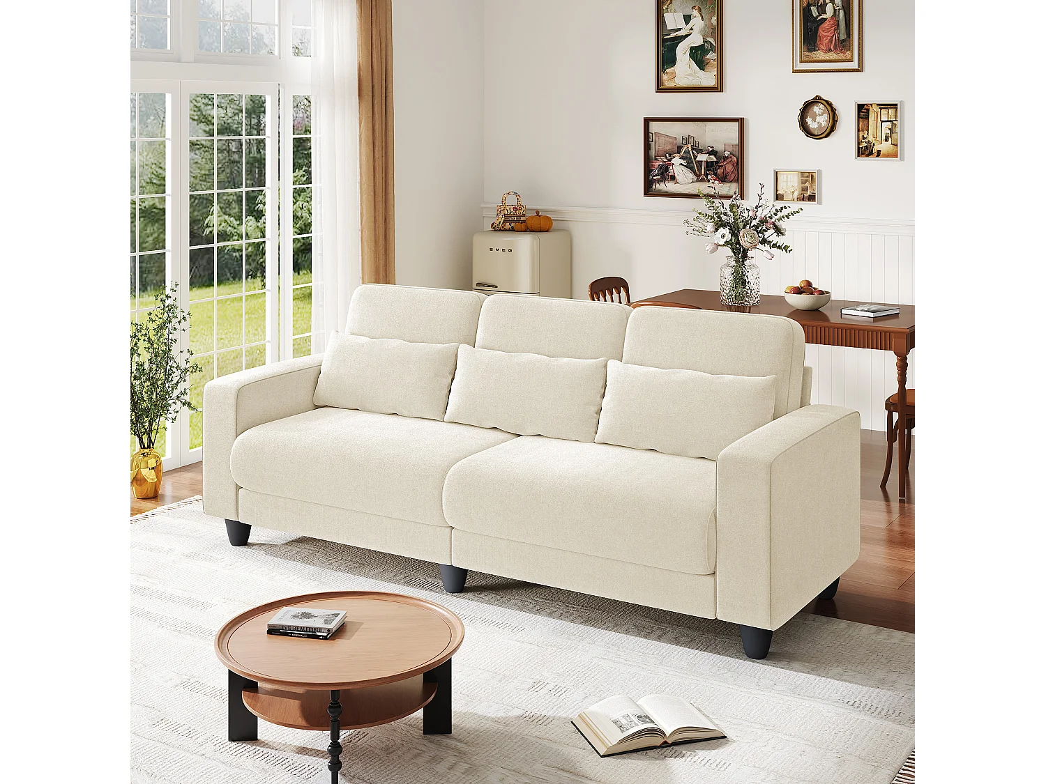 Canapé 3 places en tissu chenille beige - avec 3 oreillers - housse de coussin amovible lavable - 220x81x88cm