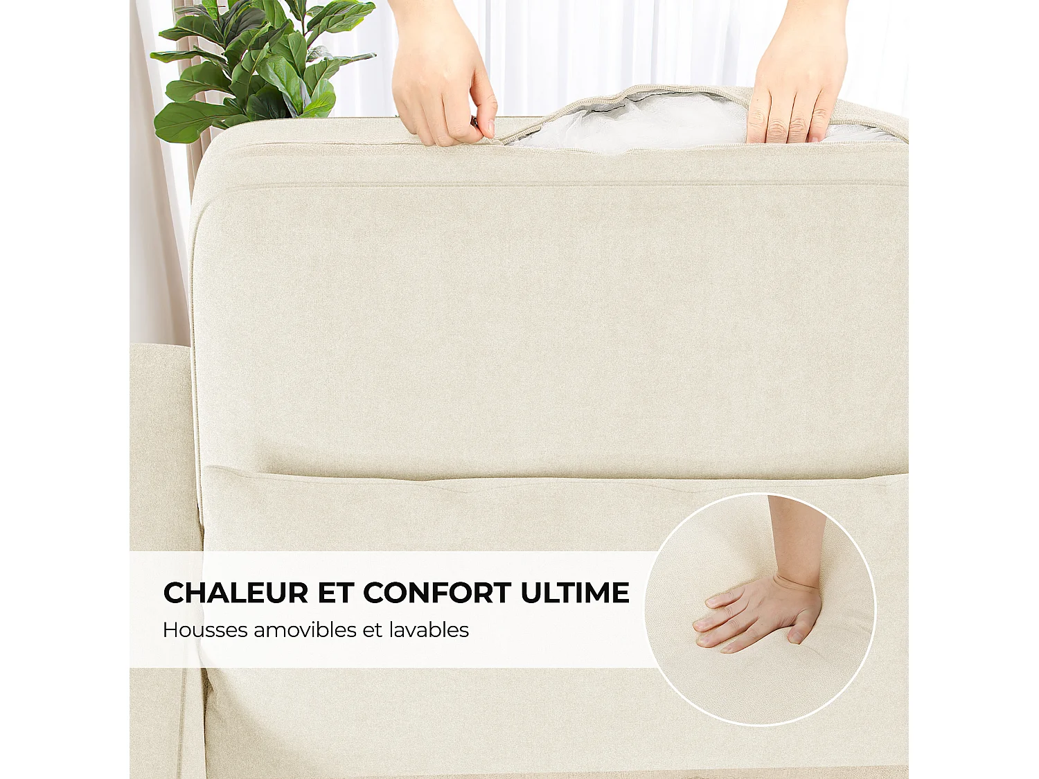 Canapé 3 places en tissu chenille beige - avec 3 oreillers - housse de coussin amovible lavable - 220x81x88cm