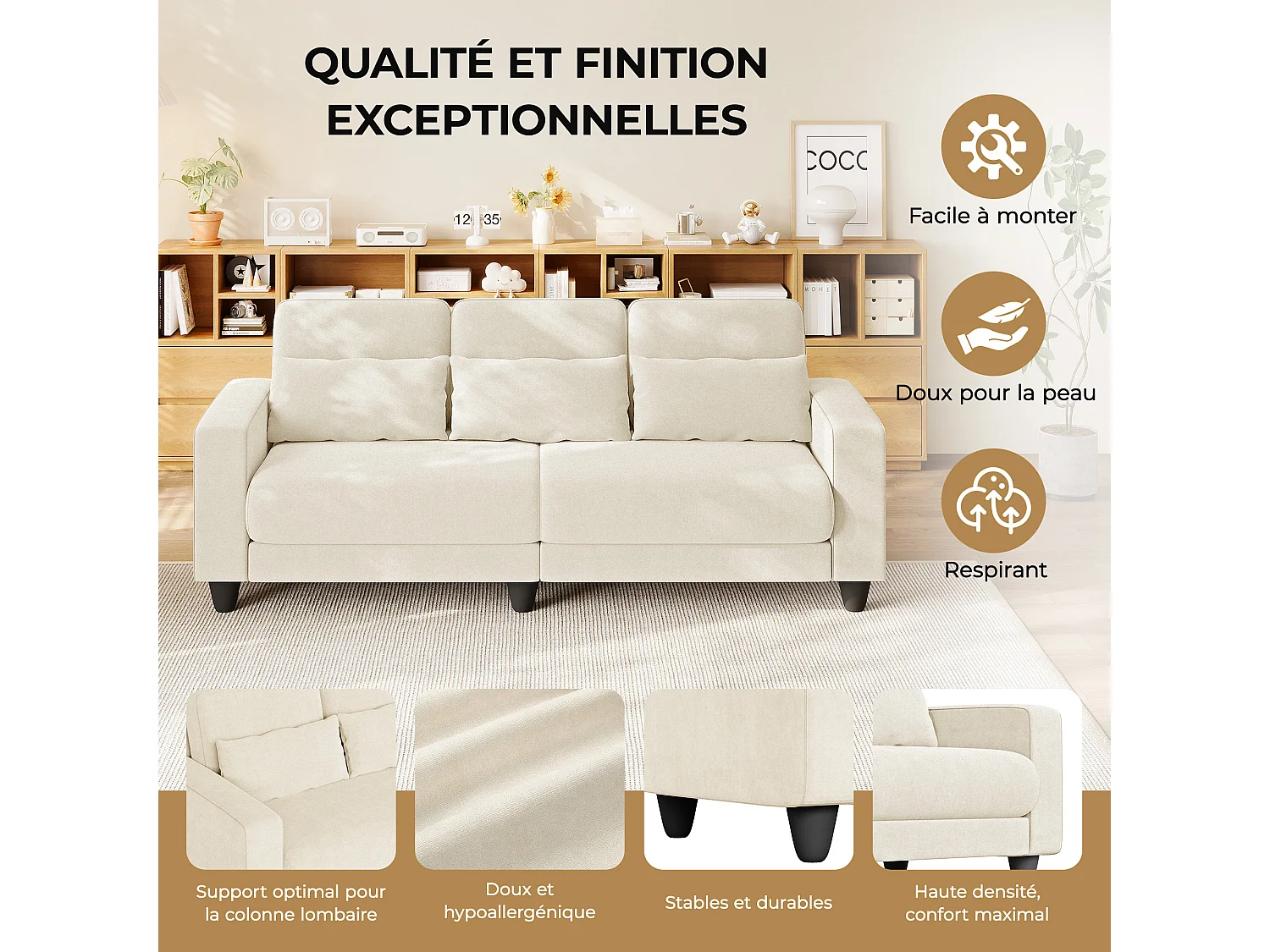 Canapé 3 places en tissu chenille beige - avec 3 oreillers - housse de coussin amovible lavable - 220x81x88cm