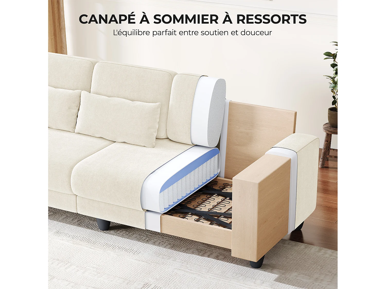 Canapé 3 places en tissu chenille beige - avec 3 oreillers - housse de coussin amovible lavable - 220x81x88cm