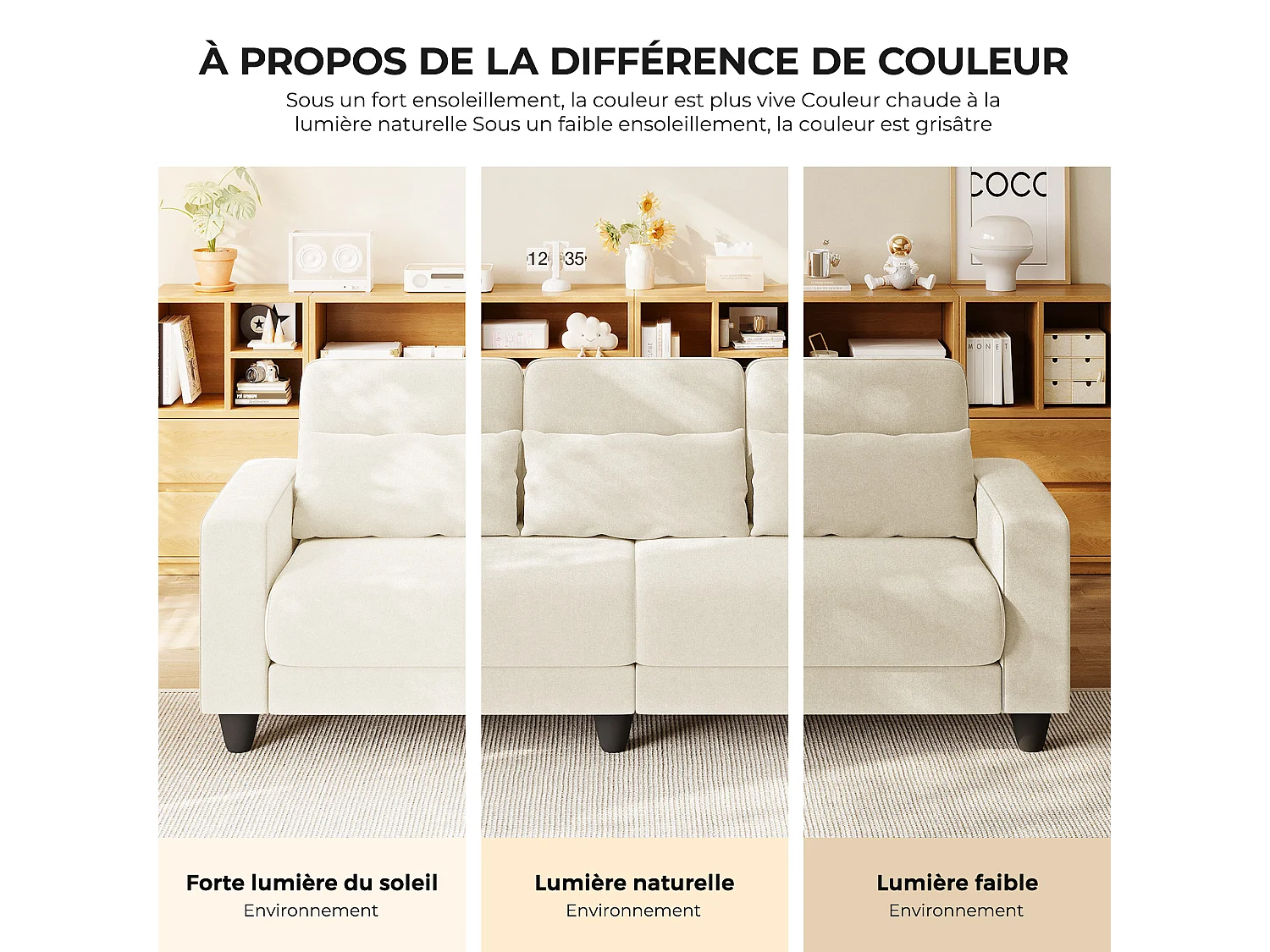 Canapé 3 places en tissu chenille beige - avec 3 oreillers - housse de coussin amovible lavable - 220x81x88cm