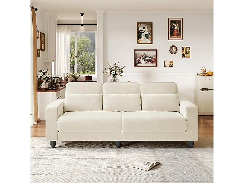 Canapé 3 places en tissu chenille beige - avec 3 oreillers - housse de coussin amovible lavable - 220x81x88cm