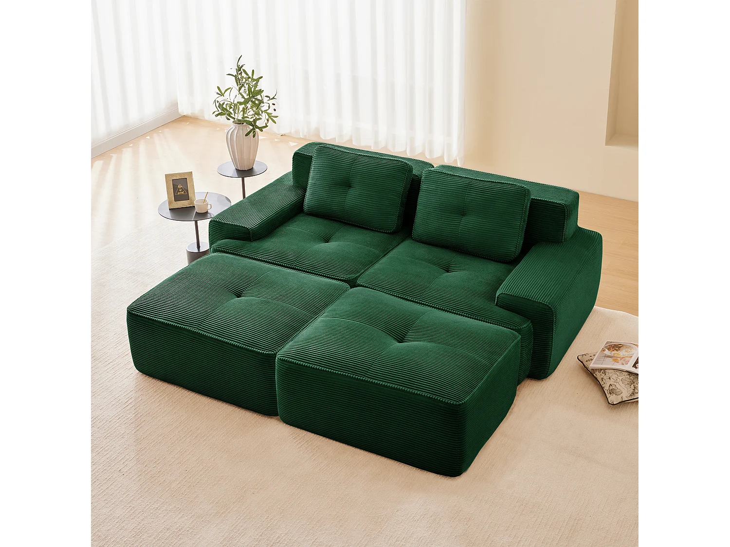 Modulaire Hoekbank in Ribfluweel, met 2 poefs en 2 kussens, 204x177x69cm, Groen