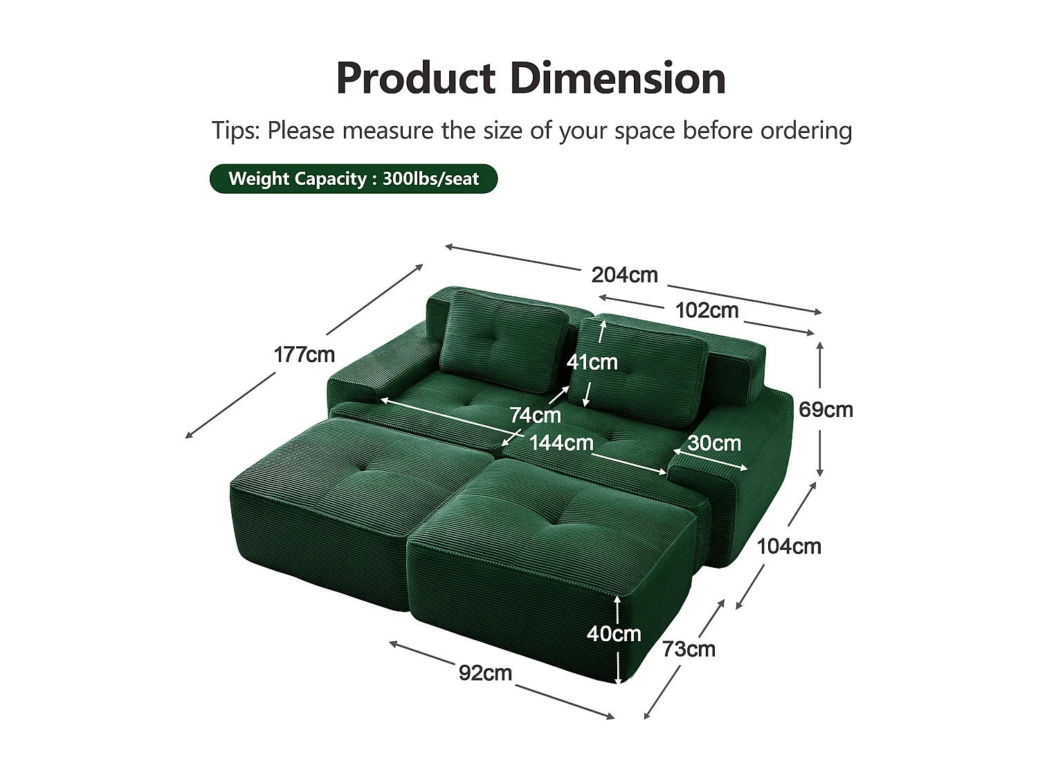 Modulaire Hoekbank in Ribfluweel, met 2 poefs en 2 kussens, 204x177x69cm, Groen
