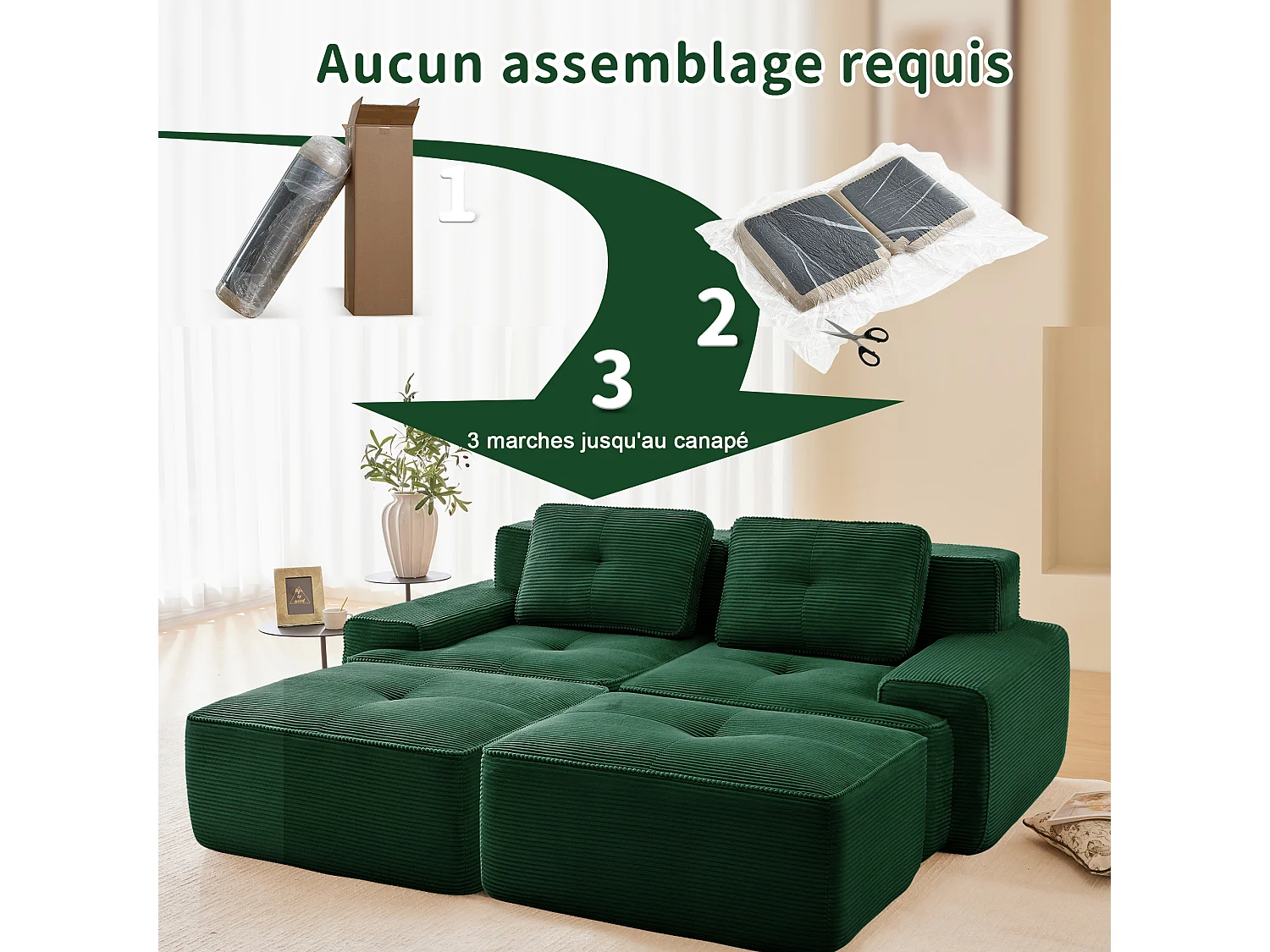 Modulaire Hoekbank in Ribfluweel, met 2 poefs en 2 kussens, 204x177x69cm, Groen