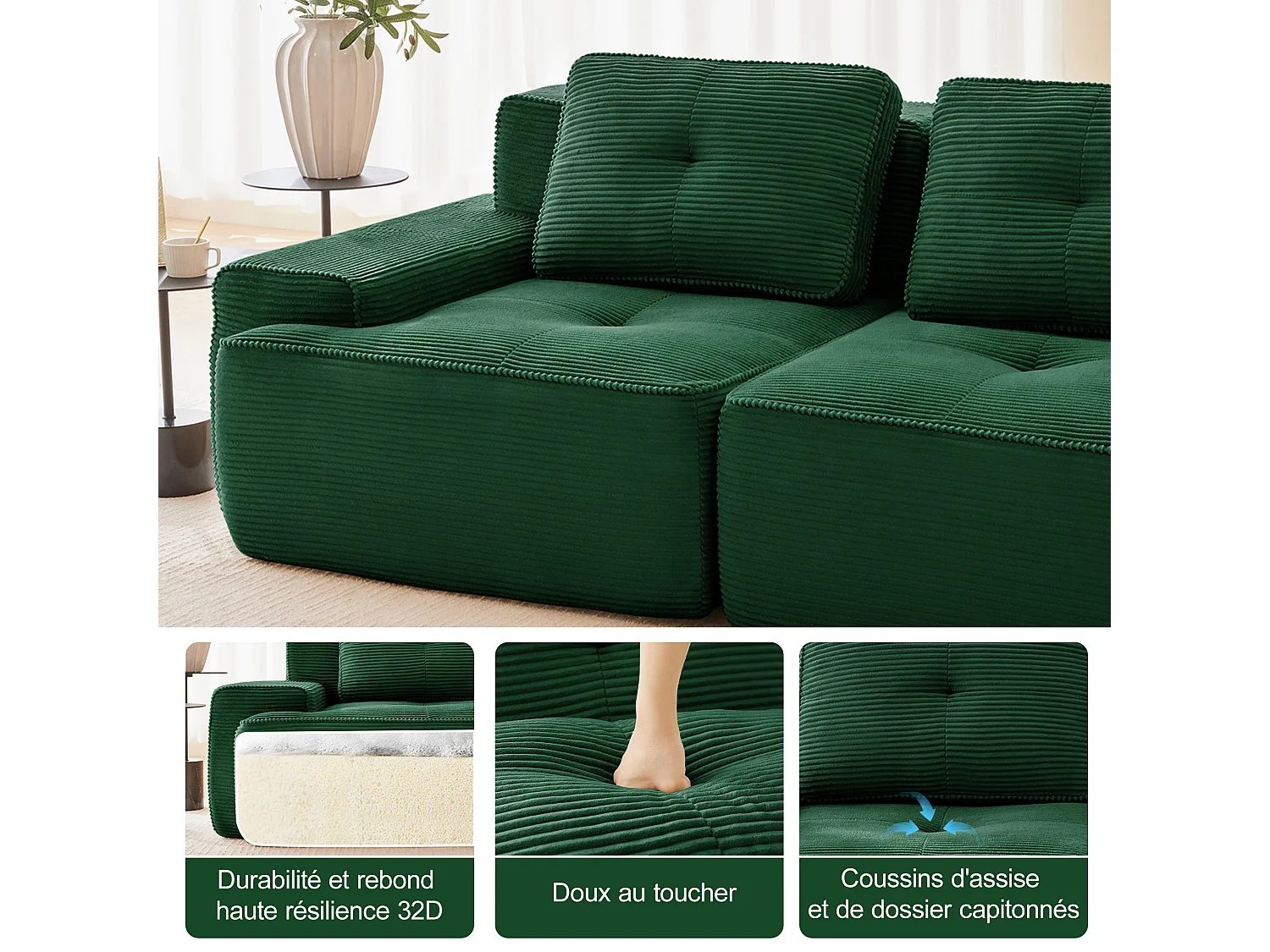 Modulaire Hoekbank in Ribfluweel, met 2 poefs en 2 kussens, 204x177x69cm, Groen