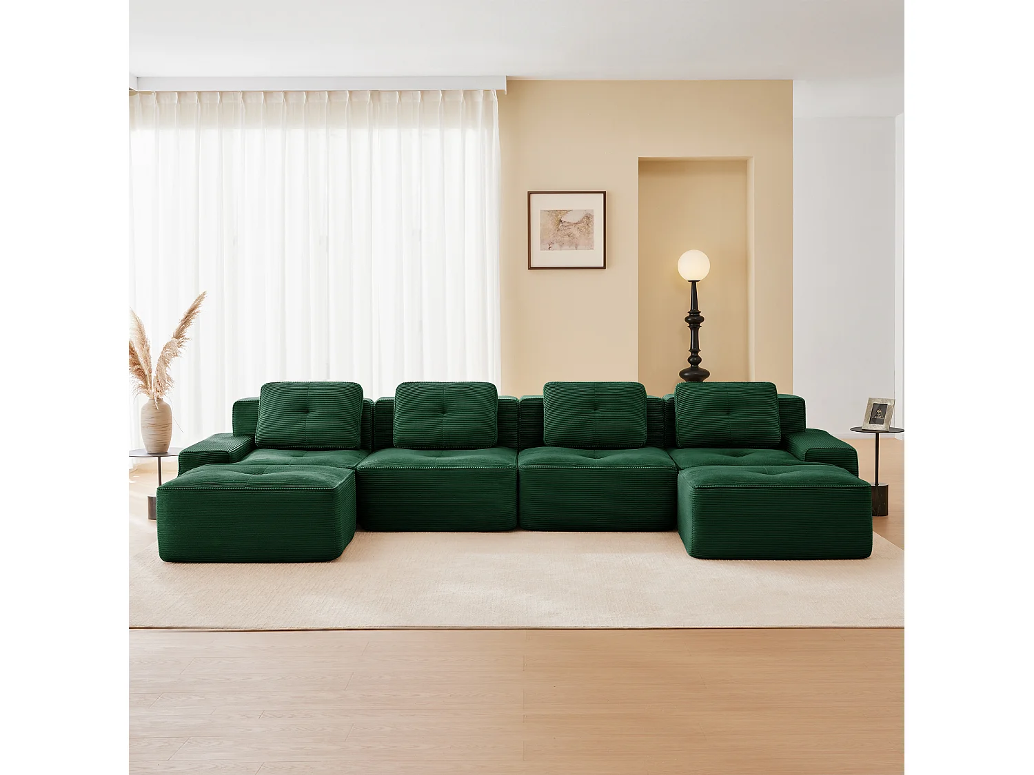 Canapé 4 places d'angle Modulable en Velours côtelé, avec 2 pouf et 4 coussins, 382x177x69cm, Vert