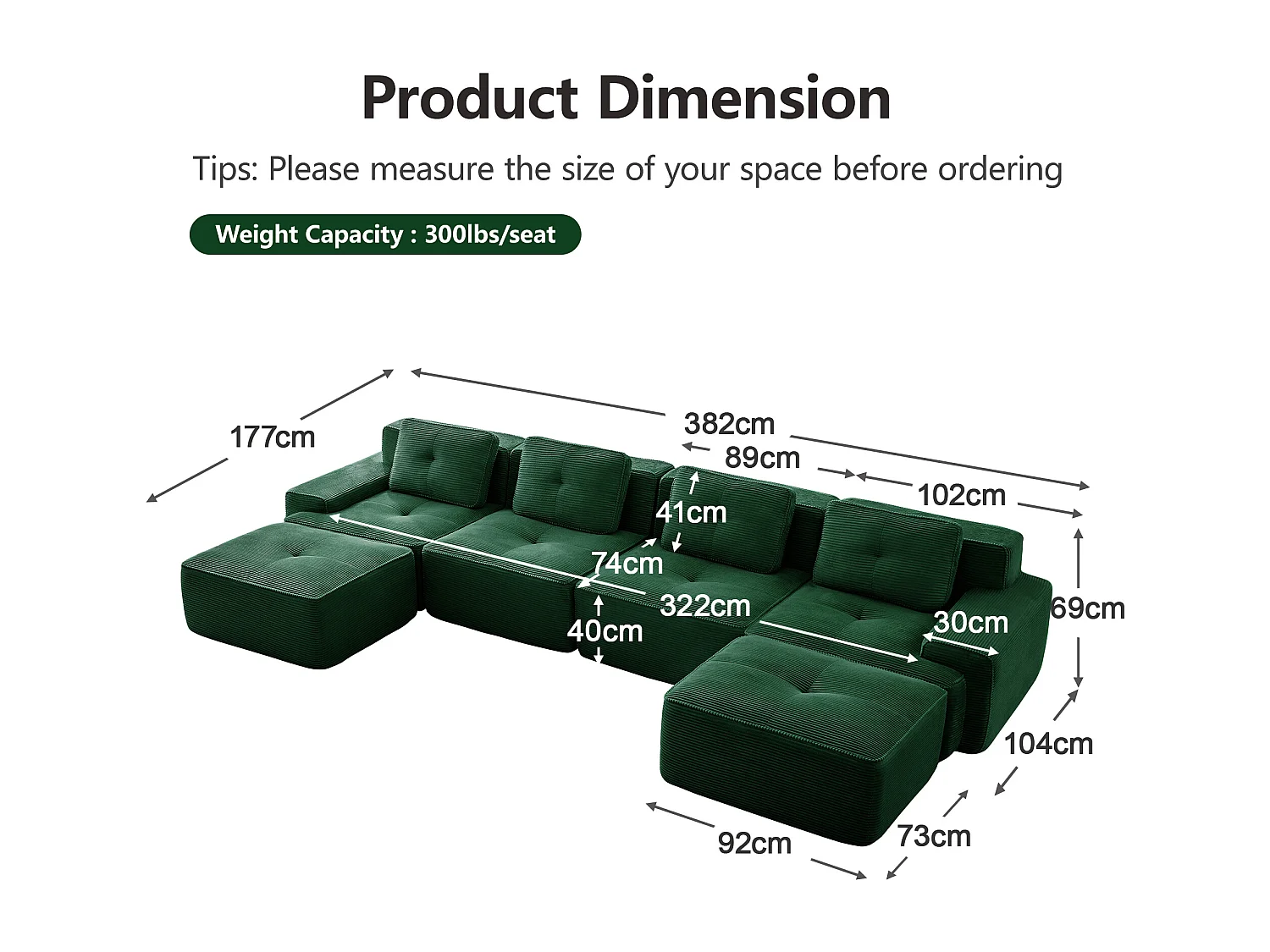Canapé 4 places d'angle Modulable en Velours côtelé, avec 2 pouf et 4 coussins, 382x177x69cm, Vert