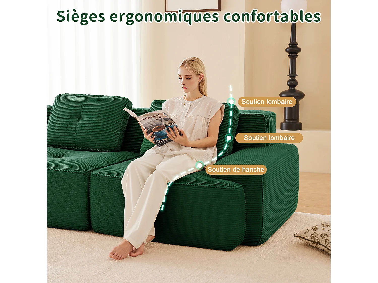 Canapé 4 places d'angle Modulable en Velours côtelé, avec 2 pouf et 4 coussins, 382x177x69cm, Vert