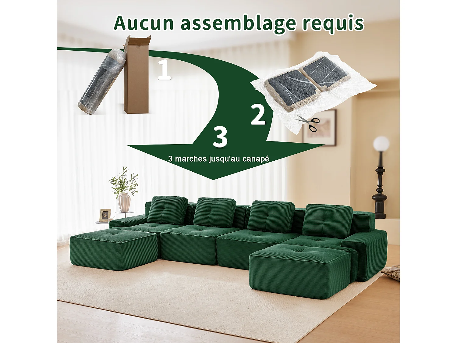 Canapé 4 places d'angle Modulable en Velours côtelé, avec 2 pouf et 4 coussins, 382x177x69cm, Vert