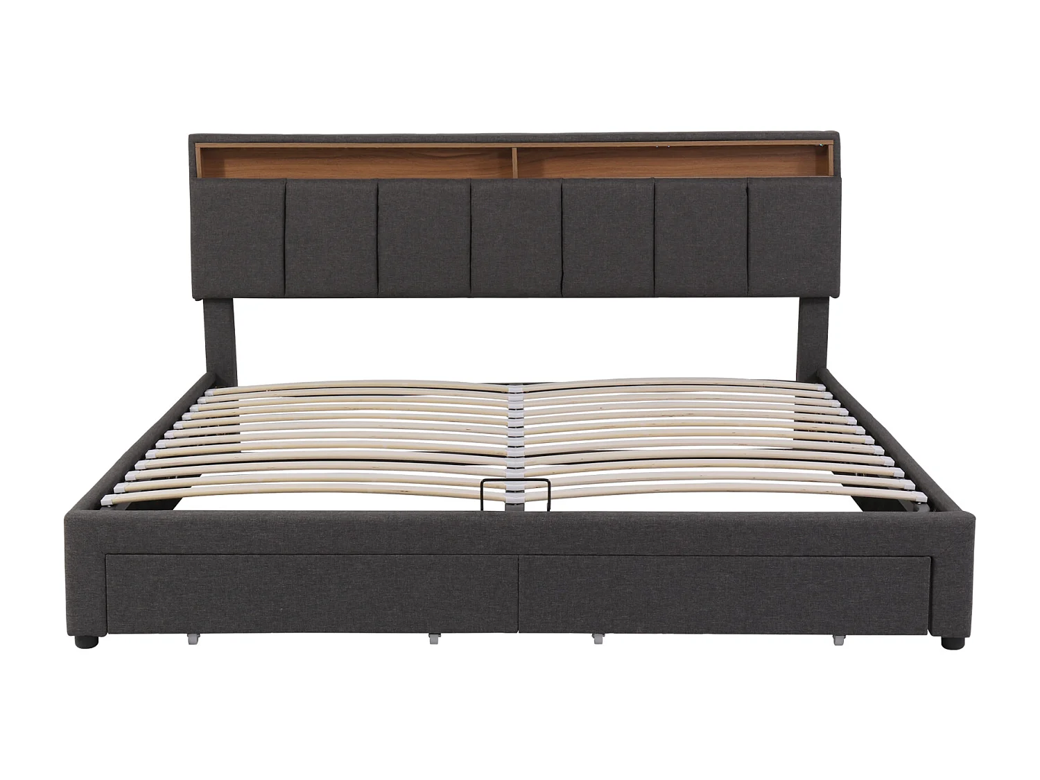 Lit Coffre Hydraulique 160x200 cm en Lin Gris avec LED Intégrées, Tête de Lit Rétractable, 2 Tiroirs et Compartiments de Rangement