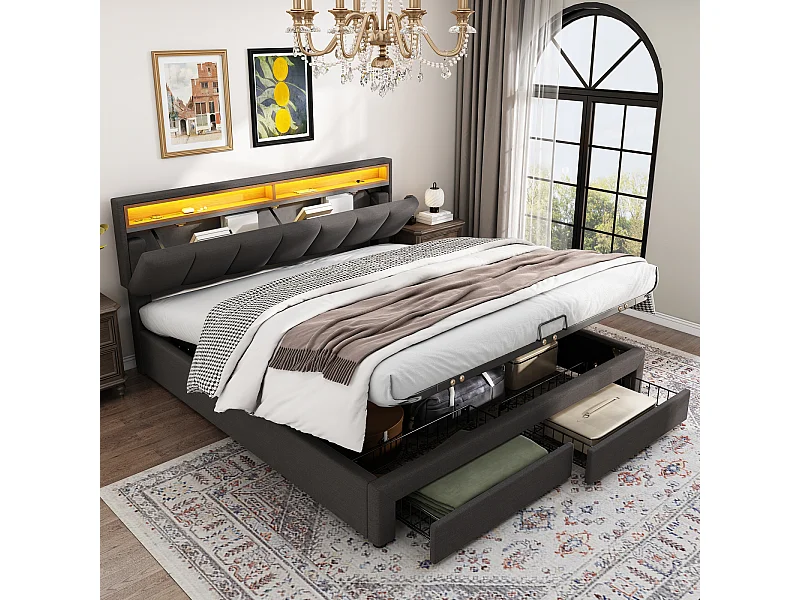 Lit Coffre Hydraulique 160x200 cm en Lin Gris avec LED Intégrées, Tête de Lit Rétractable, 2 Tiroirs et Compartiments de Rangement