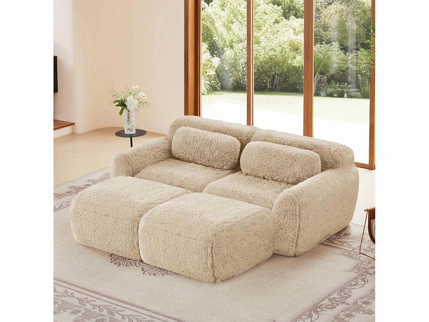 Modulaire Hoekbank in pluche stof, met 2 poefs en 2 kussens, 204x179x73cm, Khaki