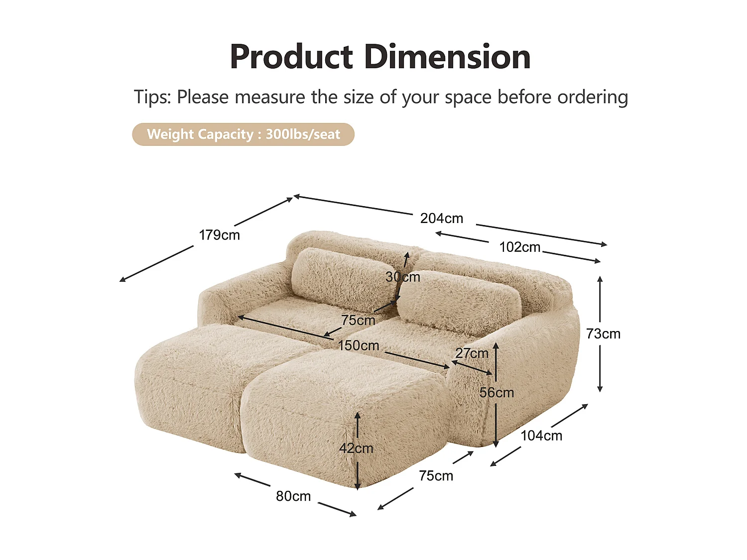 Modulaire Hoekbank in pluche stof, met 2 poefs en 2 kussens, 204x179x73cm, Khaki