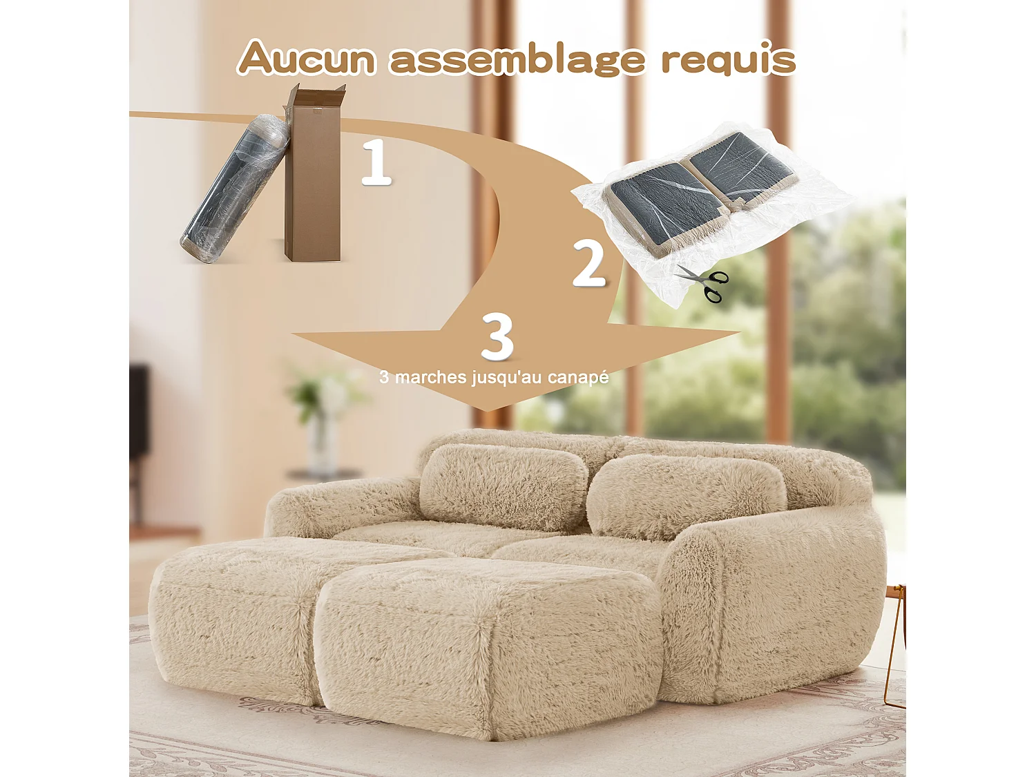 Modulaire Hoekbank in pluche stof, met 2 poefs en 2 kussens, 204x179x73cm, Khaki