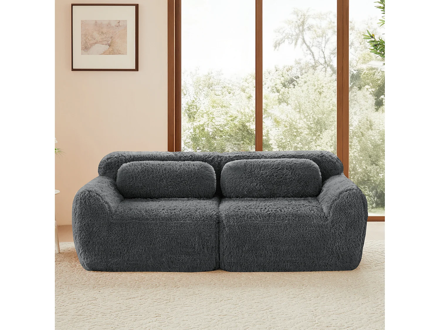 Modulaire Bank 2-zits in pluche stof, met 2 kussens, extra diepe zit 75cm, 204x104x73cm, Grijs