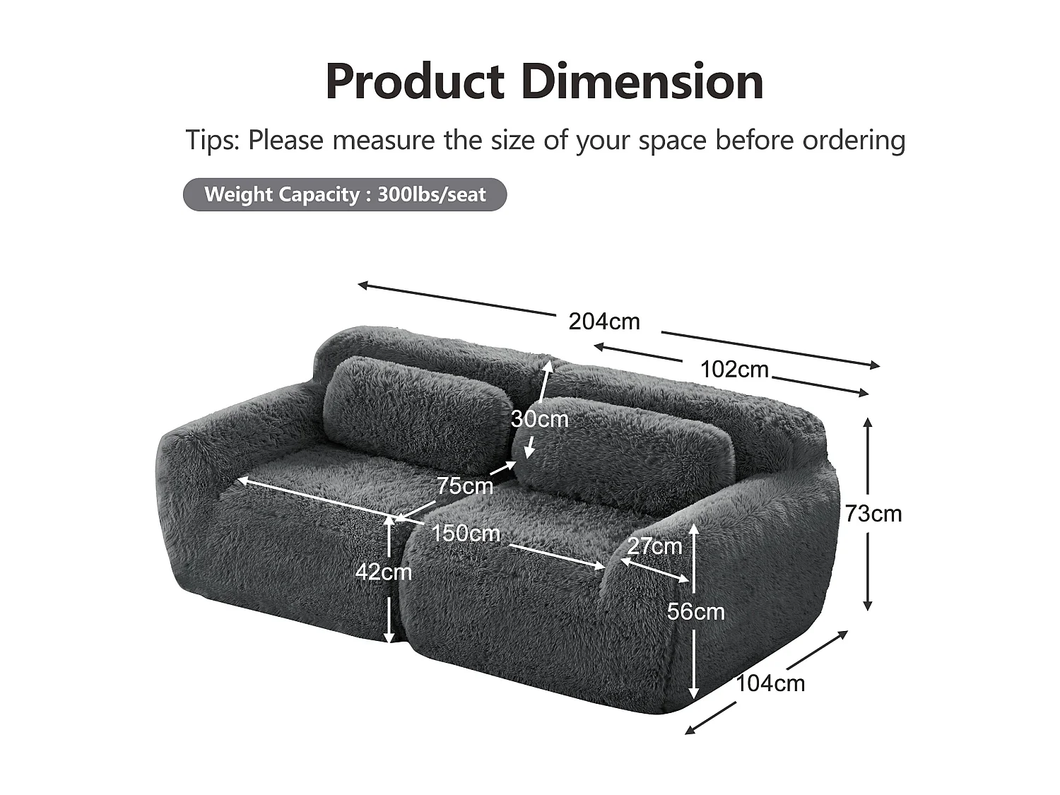 Modulaire Bank 2-zits in pluche stof, met 2 kussens, extra diepe zit 75cm, 204x104x73cm, Grijs
