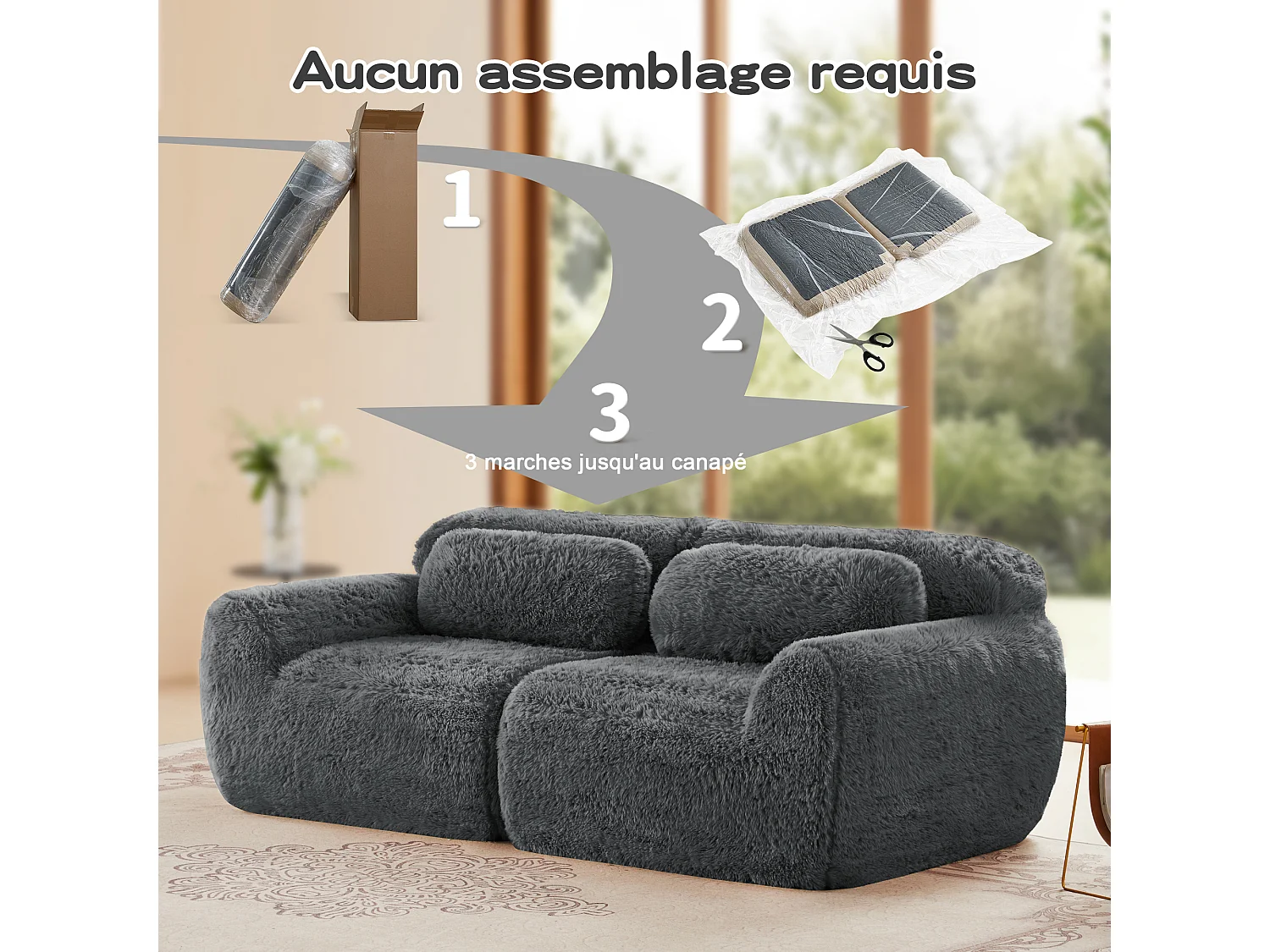 Modulaire Bank 2-zits in pluche stof, met 2 kussens, extra diepe zit 75cm, 204x104x73cm, Grijs