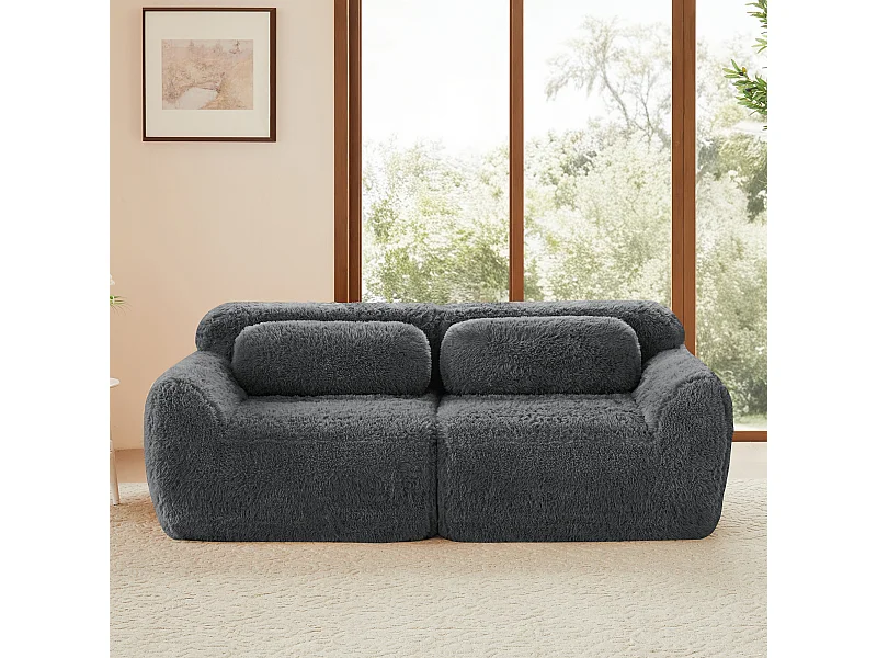 Canapé 2 places Modulable en tissu peluche, avec 2 coussins, 75cm assise extra profonde, 204x104x73cm, Gris