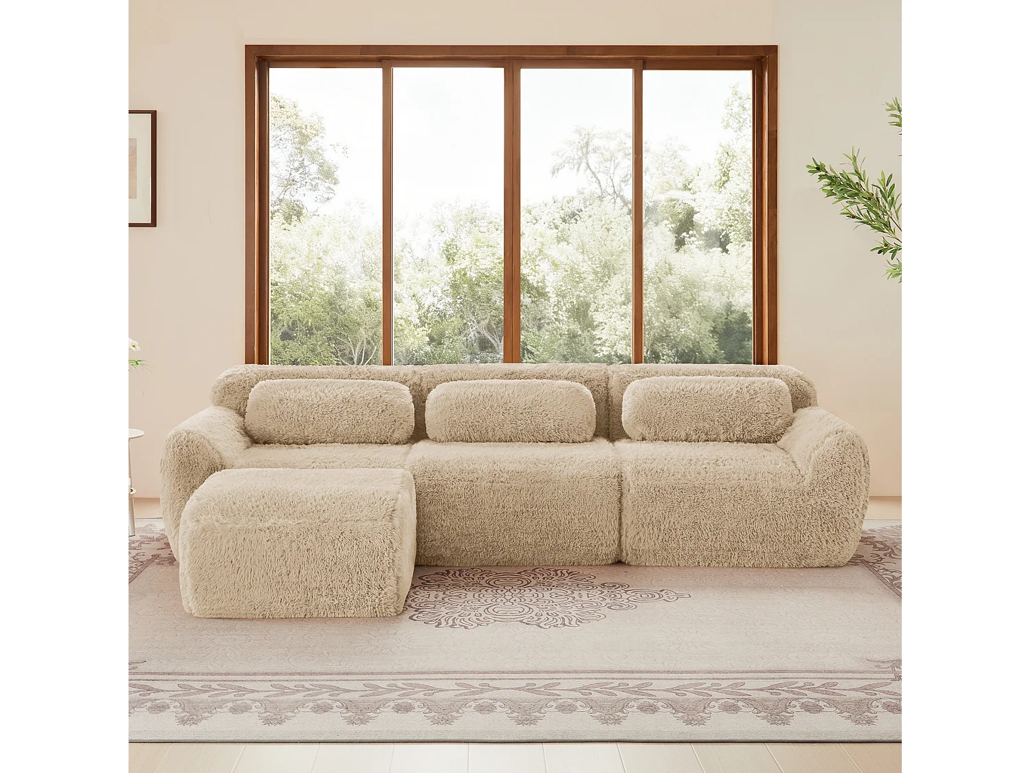 Sofá de Esquina Modular 3 plazas en tela peluche, con pouf y 3 cojines, 291x179x73cm, Caqui