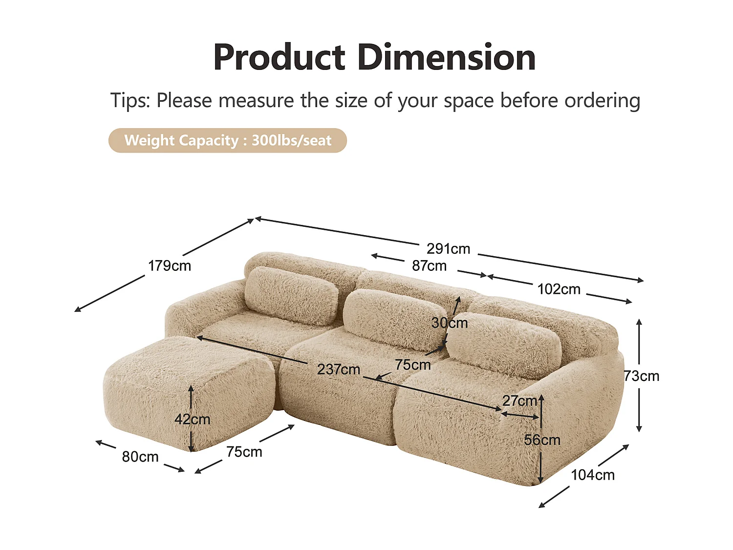 Sofá de Esquina Modular 3 plazas en tela peluche, con pouf y 3 cojines, 291x179x73cm, Caqui
