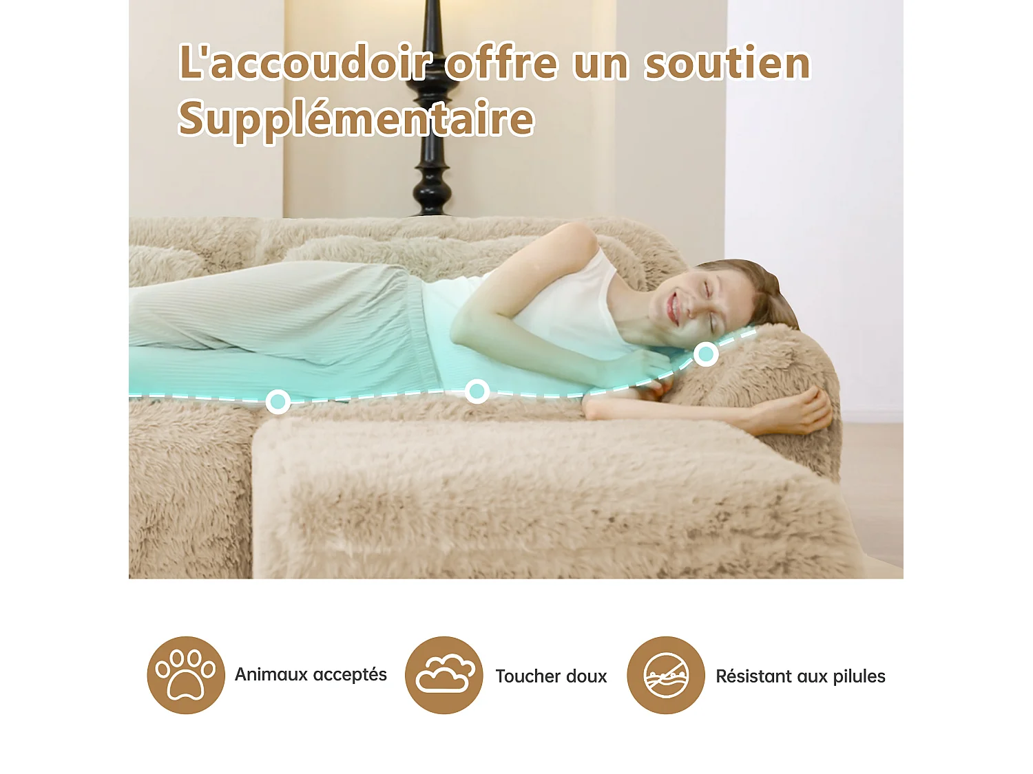 Sofá de Esquina Modular 3 plazas en tela peluche, con pouf y 3 cojines, 291x179x73cm, Caqui