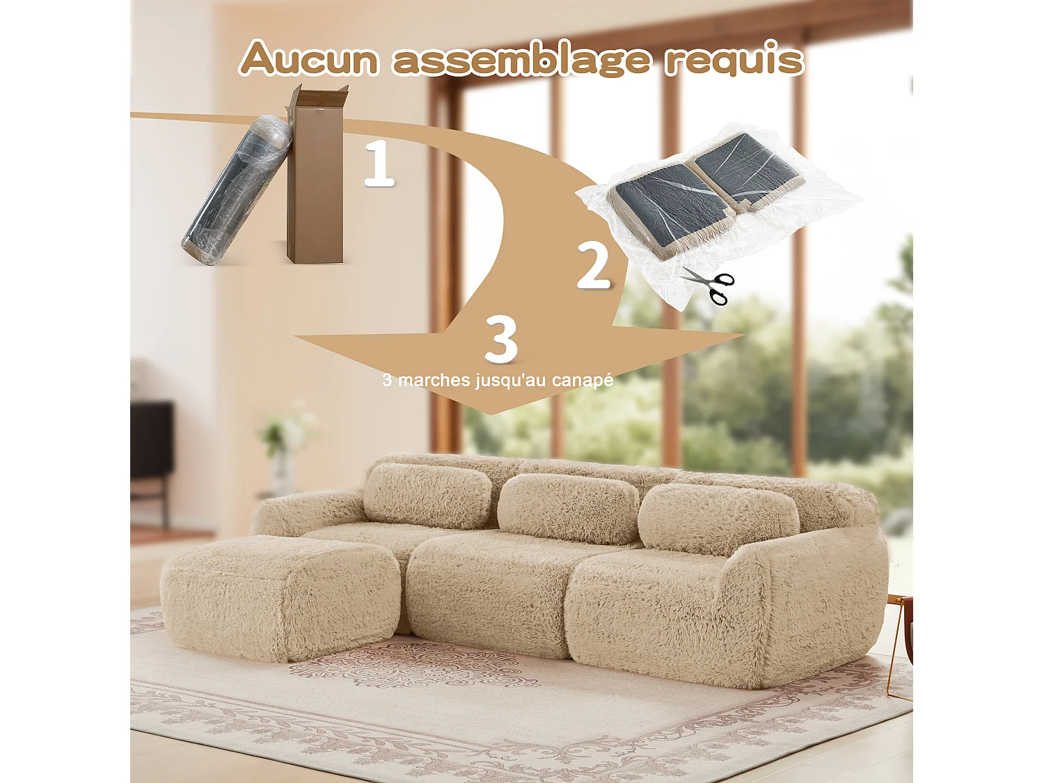 Sofá de Esquina Modular 3 plazas en tela peluche, con pouf y 3 cojines, 291x179x73cm, Caqui