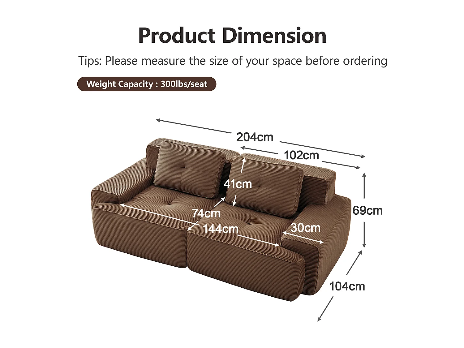 Modulaire Bank 2-zits in Ribfluweel met 2 kussens, zonder montage, 204x104x69cm, Bruin