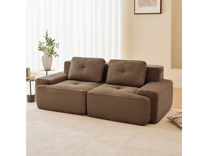 Canapé Modulable 2 placse en Velours côtelé avec 2 coussins, sans montage, 204x104x69cm, Marron