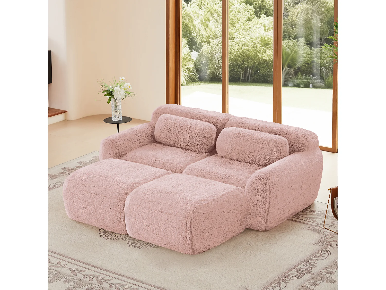 Modulaire Hoekbank in pluche stof, met 2 poefs en 2 kussens, 204x179x73cm, Roze